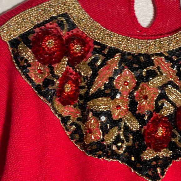 Vintage Red Sweater L Gold Beaded Sequin Roses Knit Holiday 80s Glam Pullover - Picture 3 of 11